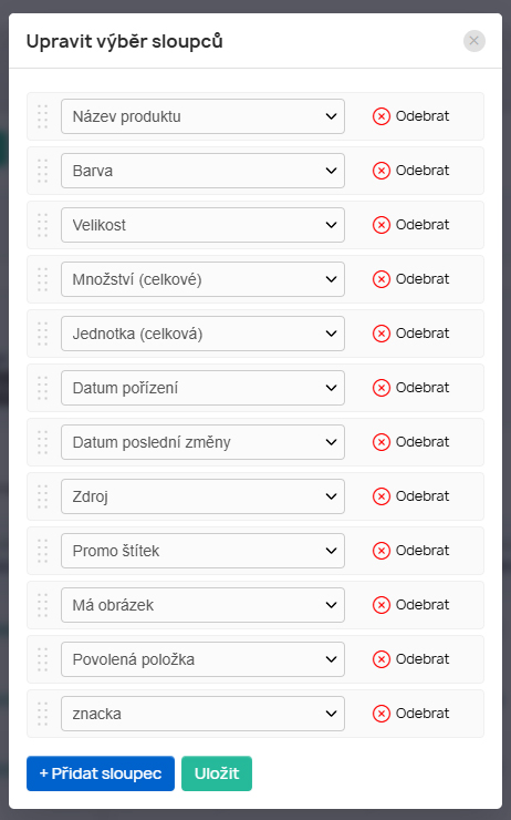 Administrace zboží - výběr sloupců