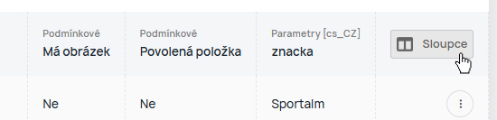 Administrace zboží - tlačítko pro nastavení zobrazení sloupců
