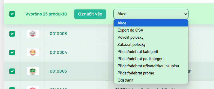 Administrace zboží - hromadné akce