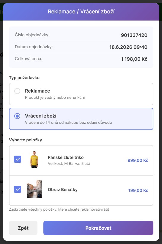 Ukázka reklamačního formuláře pro zákazníka