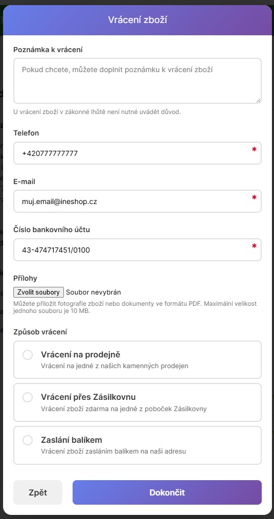 Ukázka zákaznického formuláře - druhý krok