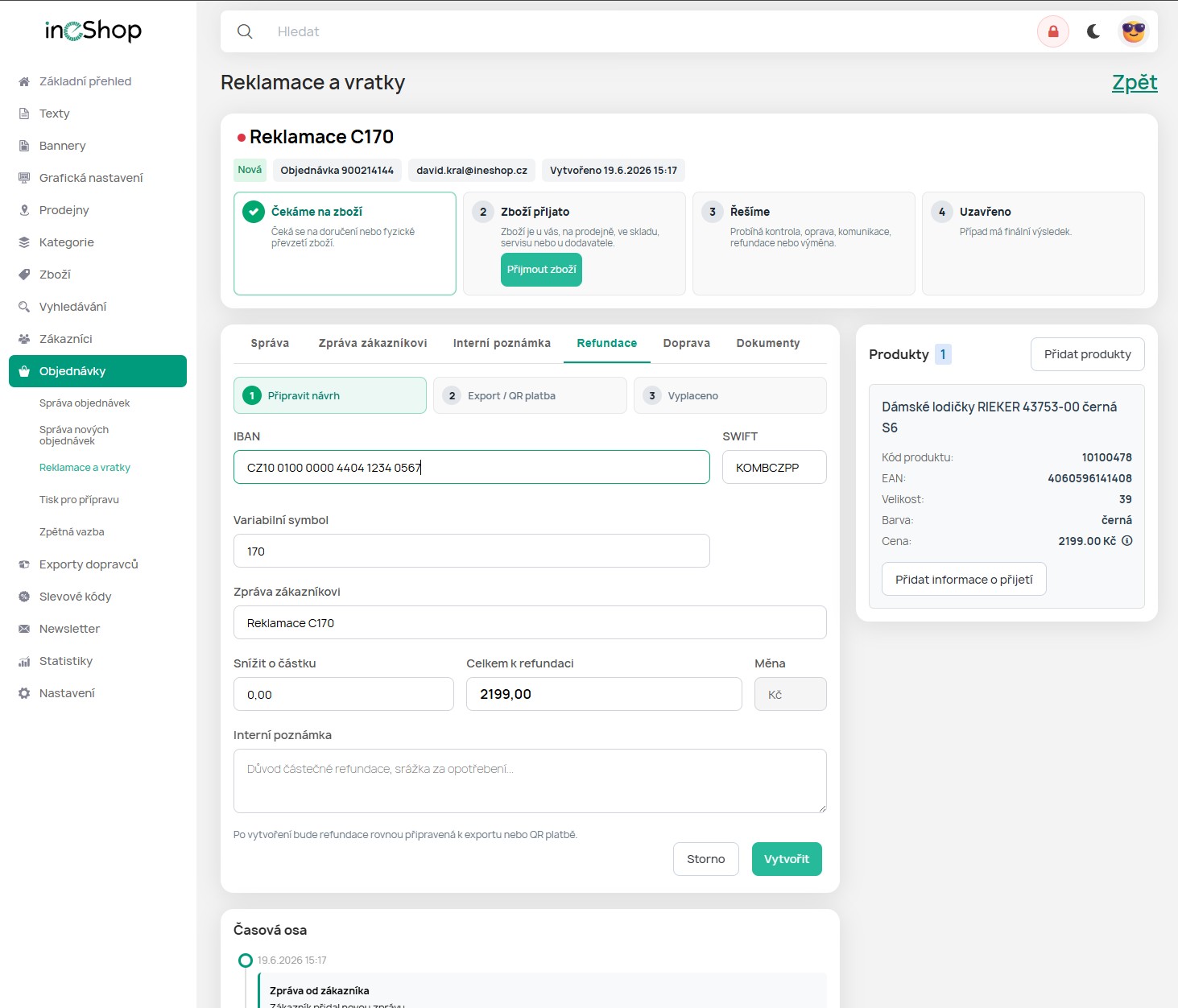Administrace e-shopu: detail reklamace